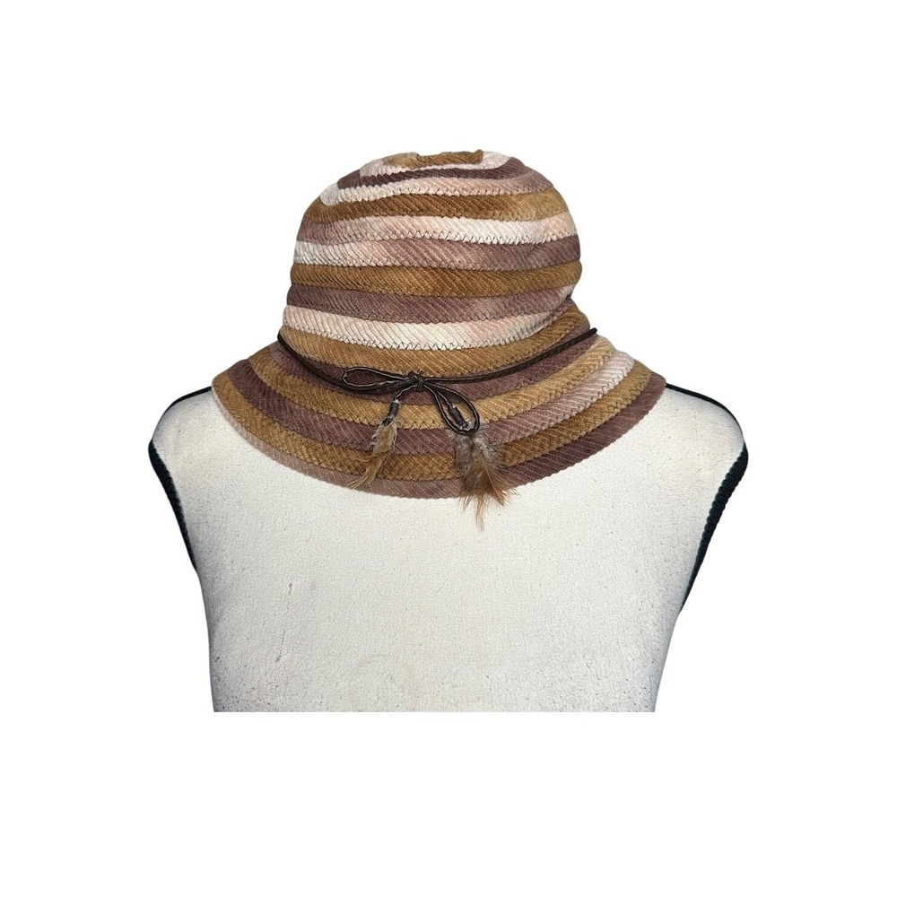 3/$20 💥 Route 66 Bucket Hat With Feather Bow Detail Brown & Tan Stripe Corduroy